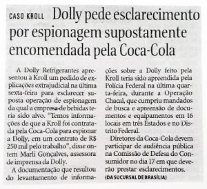 02/11/2014 - Folha de São Paulo - Dolly pede esclarecimento por espionagem supostamente encomendada pela Coca-Cola